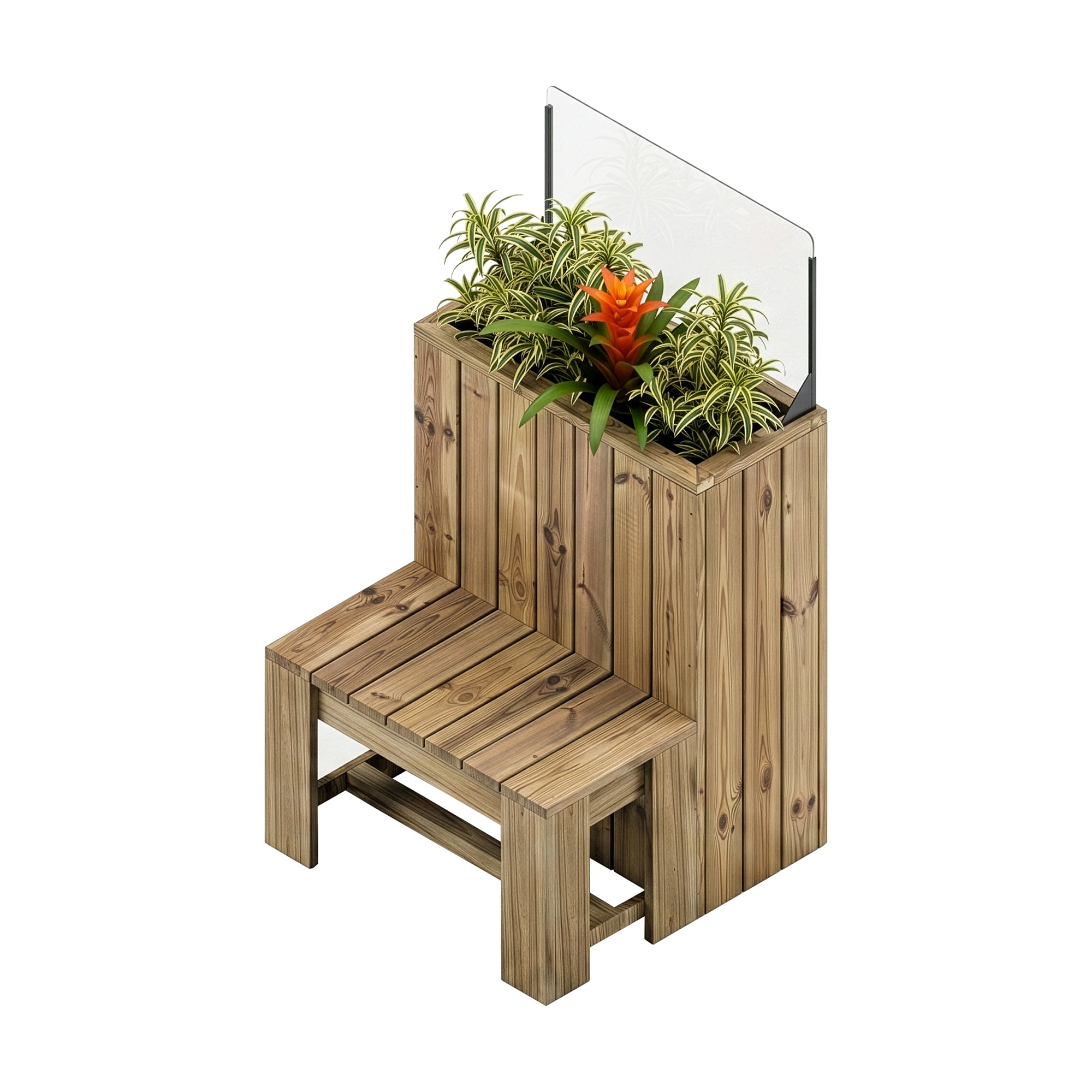 Jardinera de madera 75x34.5x100 con banco y paravientos h40