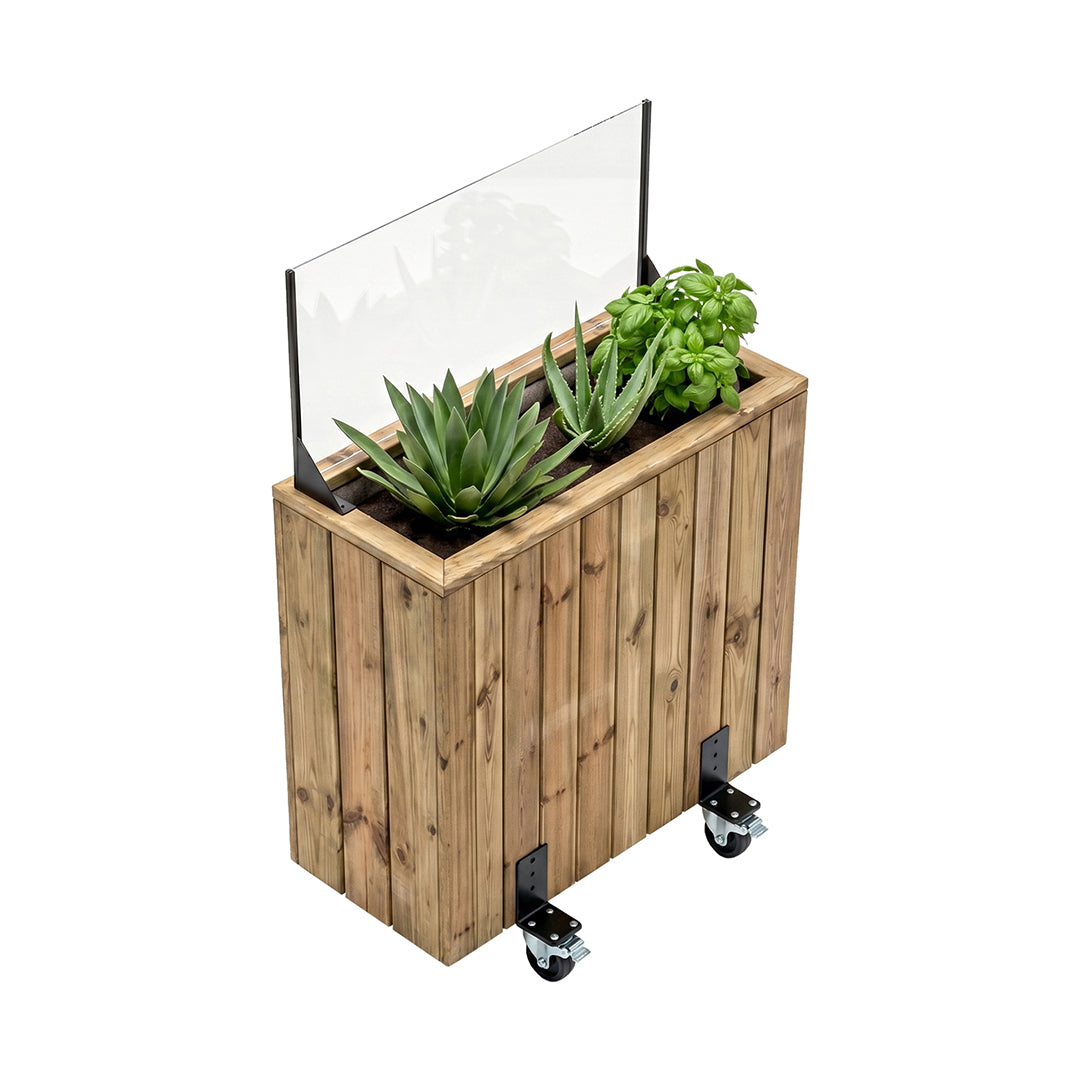 Jardinera de madera con ruedas y paravientos 75x34x120