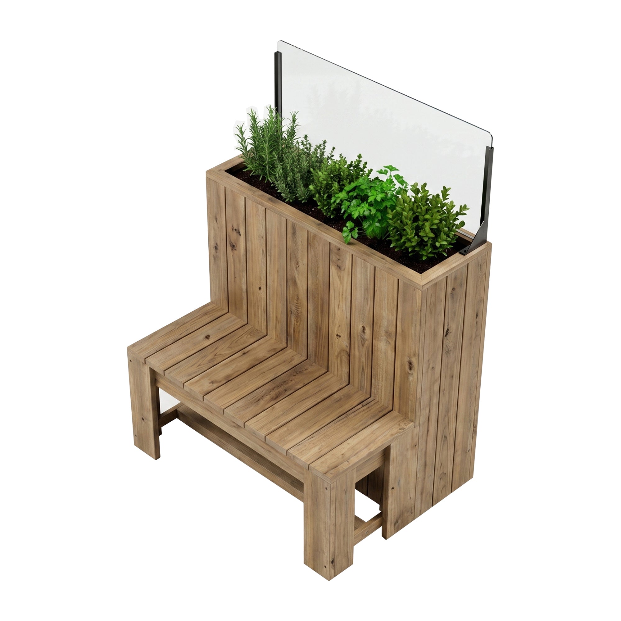 Jardinera de madera 100×34.5x100 Anclada con Paraviento H40 y Banco 100