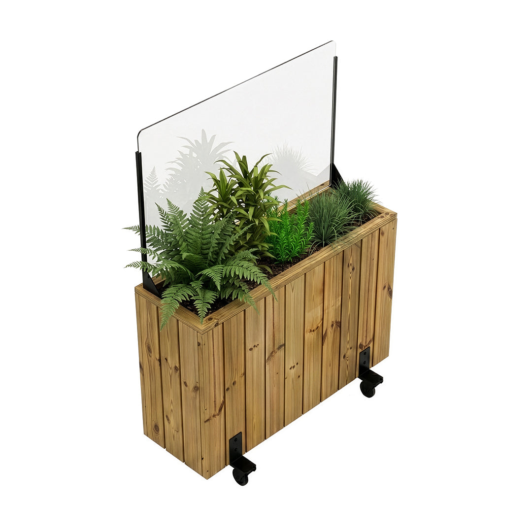 Jardinera de madera con ruedas y paravientos 100x34x140