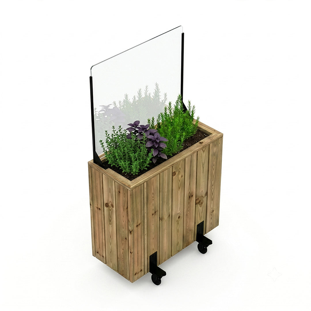 Jardinera de madera con ruedas y paravientos 75x34x140