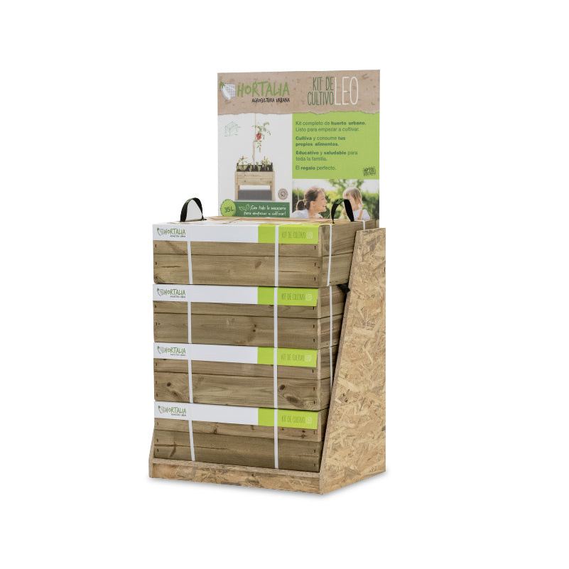 Expositor Kit de cultivo Leo, diseñado para la presentación y organización de productos de jardinería.