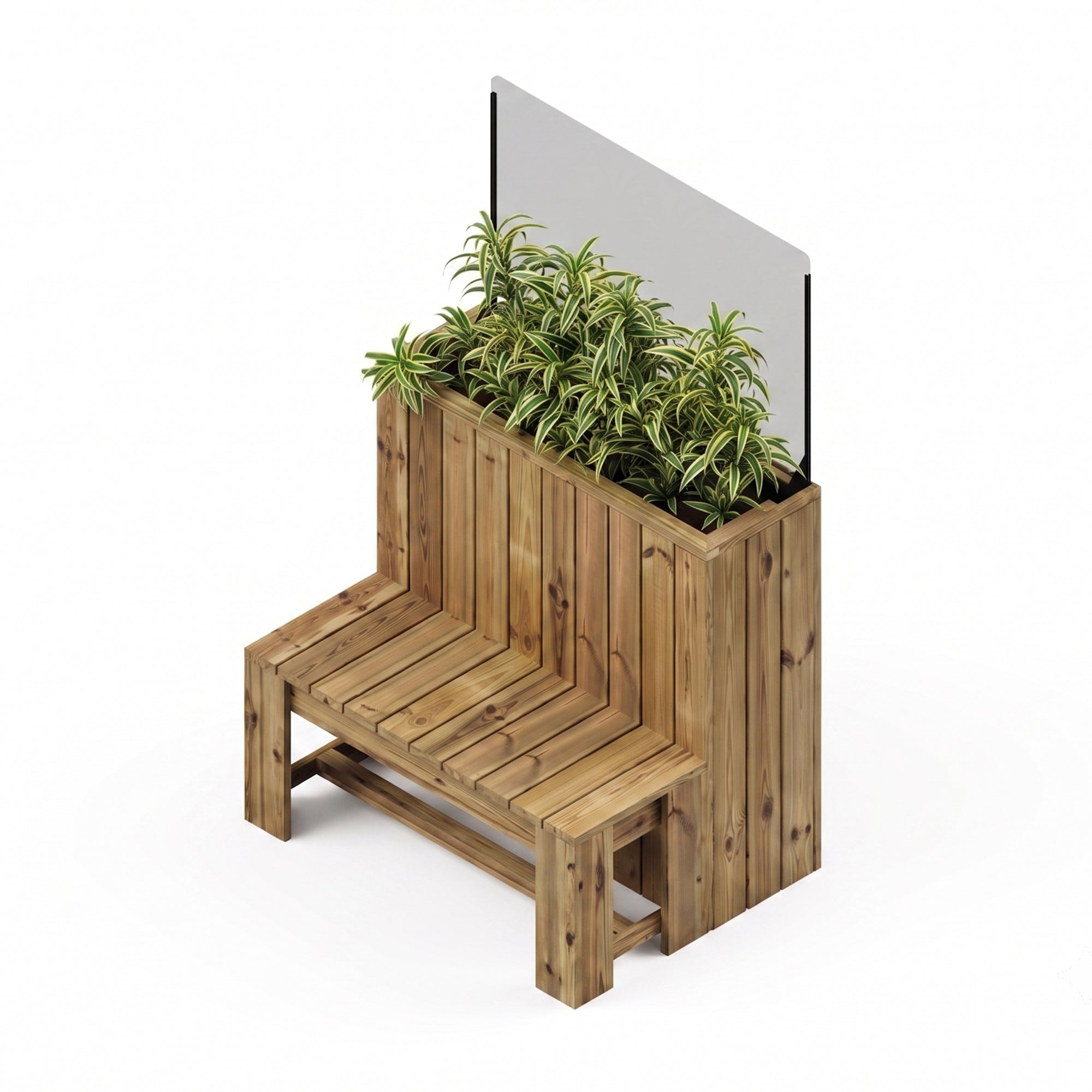 Jardinera de madera 100×34.5x100 Anclada con Paraviento H60 y Banco 100