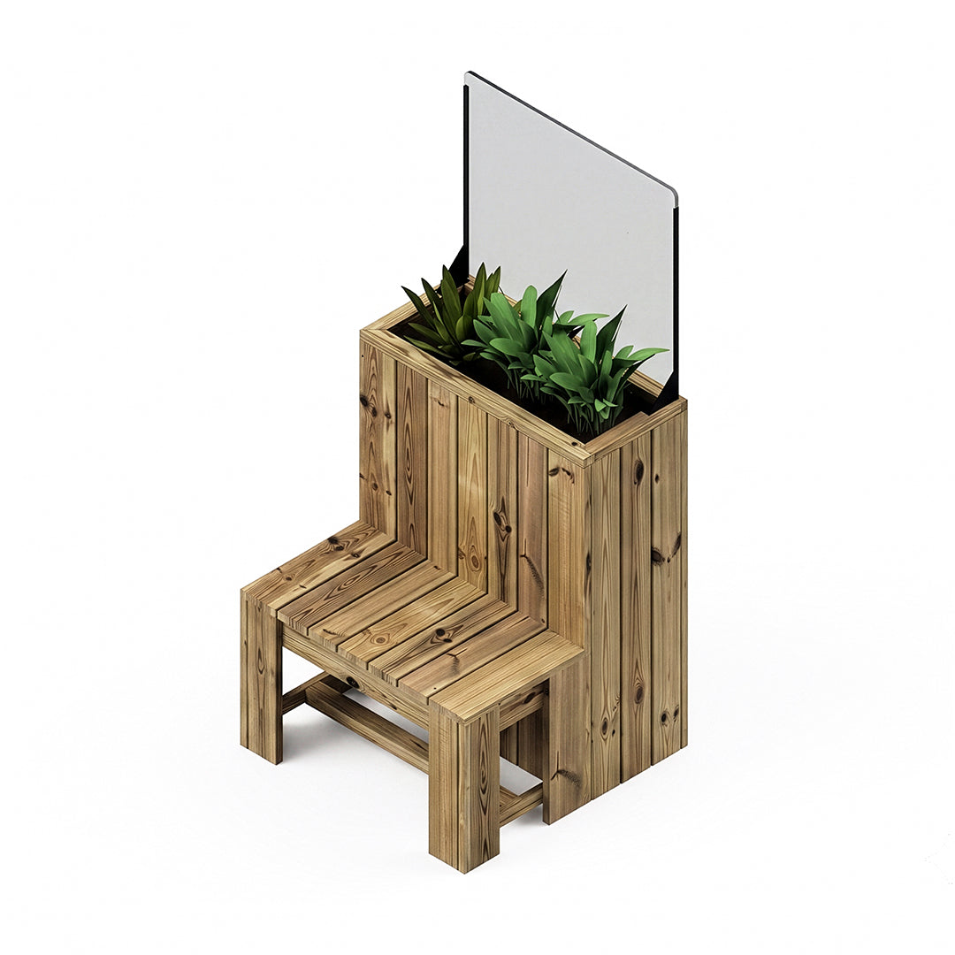 Jardinera de madera 75x34.5x100con banco y paravientos h60