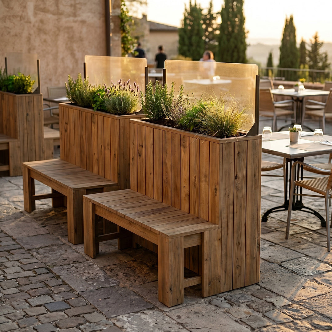 Jardinera de madera 100×34.5x100 Anclada con Paraviento H40 y Banco 100
