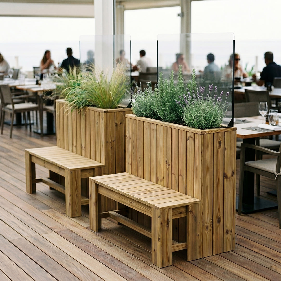 Jardinera de madera 100×34.5x100 Anclada con Paraviento H60 y Banco 100