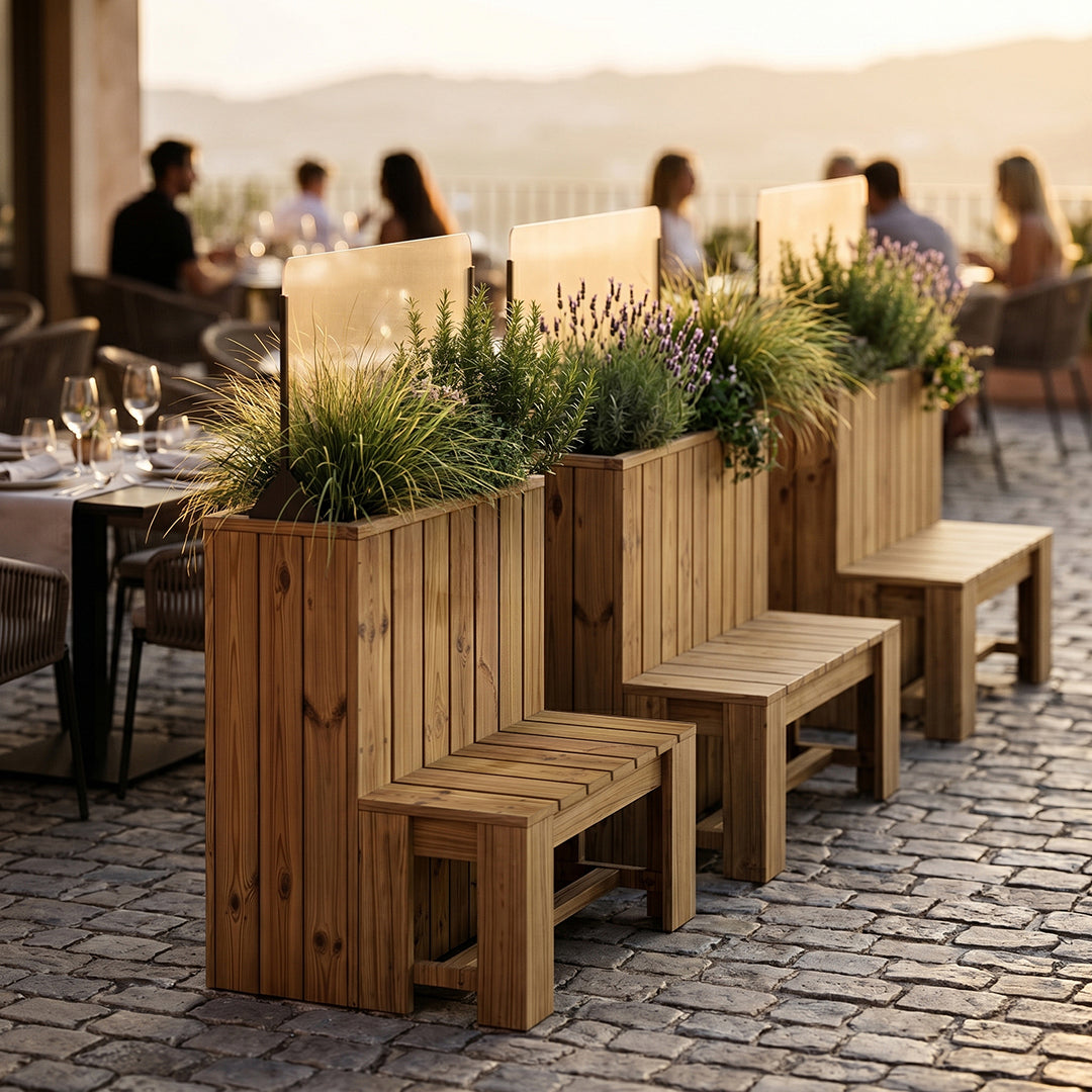 Jardinera de madera 75x34.5x100con banco y paravientos h60