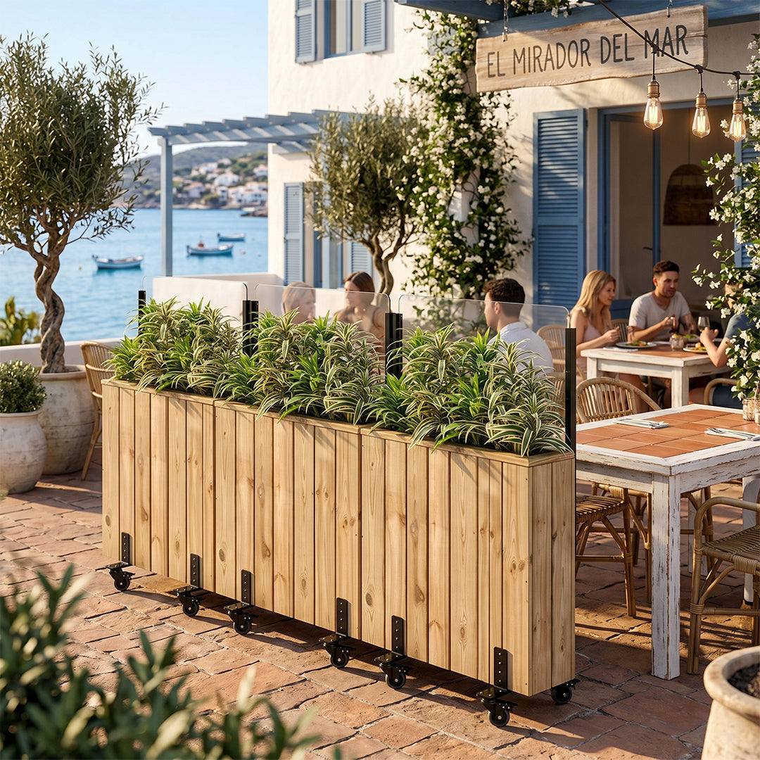 Jardinera de madera con ruedas con paravientos 75x24x140