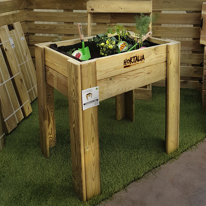 Mesa de cultivo Gardenbrico M80, ideal para huertos urbanos y jardinería, dimensiones 80x60 cm y capacidad de 80 litros.