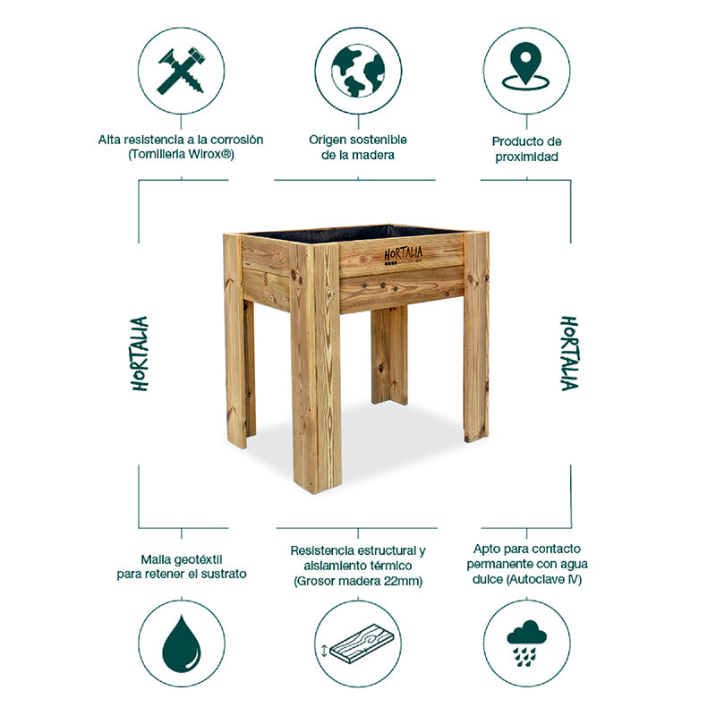 Mesa de cultivo Gardenbrico M80, ideal para huertos urbanos y jardinería, con dimensiones de 80x60 cm y capacidad de 80