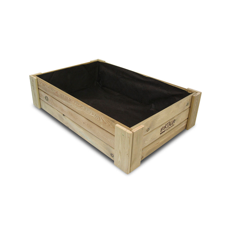 Cajón de cultivo Box L30, ideal para huertos urbanos, con dimensiones de 120 cm de longitud y 30 cm de altura.
