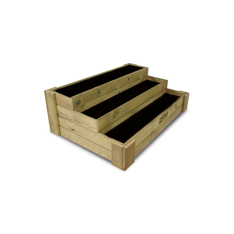 Cajón de cultivo Box Stairs 120, dimensiones 120 cm x 80 cm x 40 cm, ideal para huertos urbanos y jardinería.