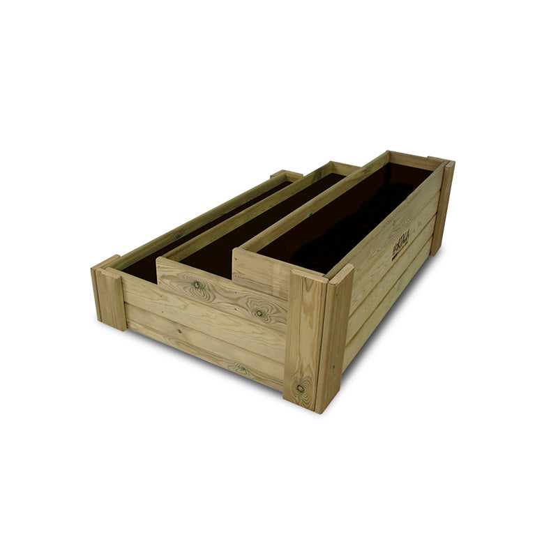 Cajón de cultivo Box Stairs 120, ideal para huertos urbanos, con capacidad de 210 L y dimensiones de 120 cm x 80 cm x 40 cm.
