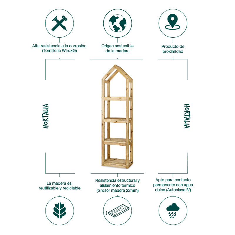 Estantería de madera para exterior Campanile Outdoor L, ideal para decoración y jardinería, dimensiones 185x30x50 cm.