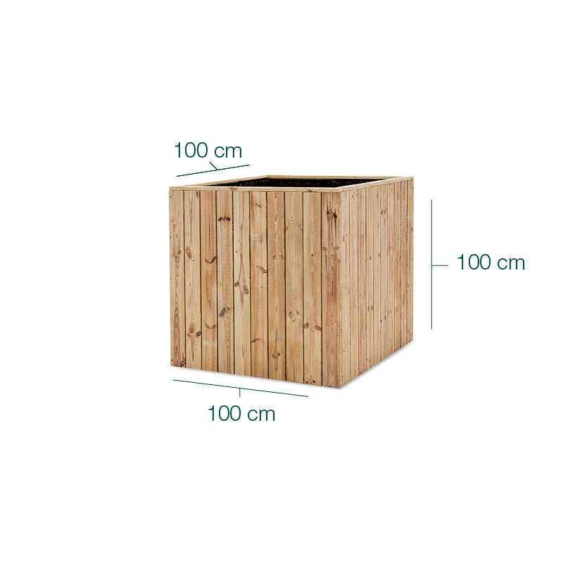 Jardinera de madera Atrium cuadrada de 100x100x100 cm, ideal para cultivar plantas en espacios exteriores.