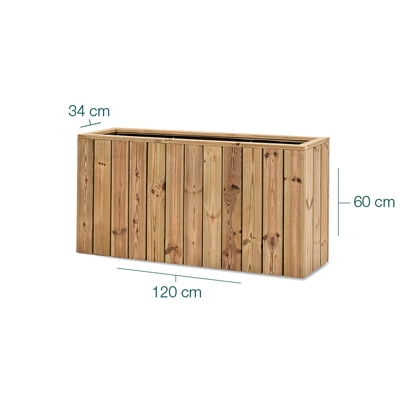 Jardinera de madera Atrium, rectangular, dimensiones 120x34x60 cm, diseñada para cultivo de plantas en exteriores.