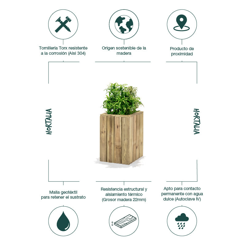 Jardinera de madera Atrium, diseño vertical, dimensiones 40x40x60 cm, capacidad de 25 litros. Ideal para cultivo de plantas.