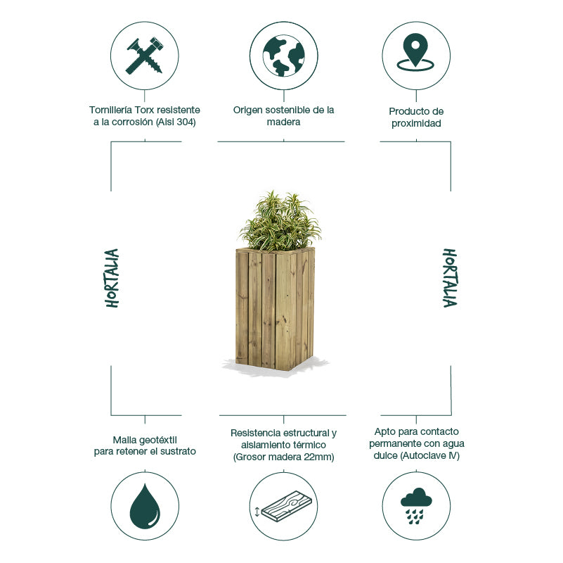 Jardinera de madera Atrium, diseño vertical, dimensiones 40x40x80 cm, capacidad de 25 L, ideal para cultivo de plantas.