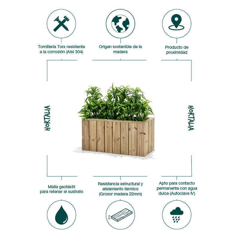 Jardinera de madera Atrium rectangular de 80x34x40 cm, ideal para cultivo de plantas y flores. Capacidad de 47 litros.