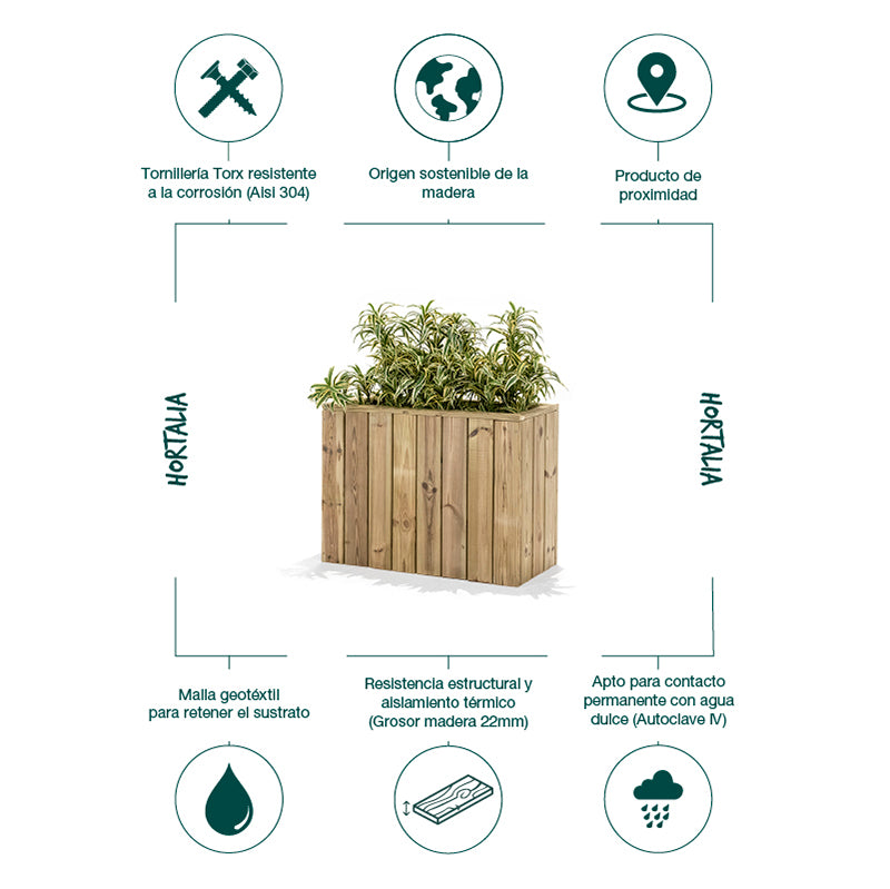 Jardinera de madera rectangular Atrium de 80x34x60 cm, ideal para cultivo de plantas y flores en espacios exteriores.