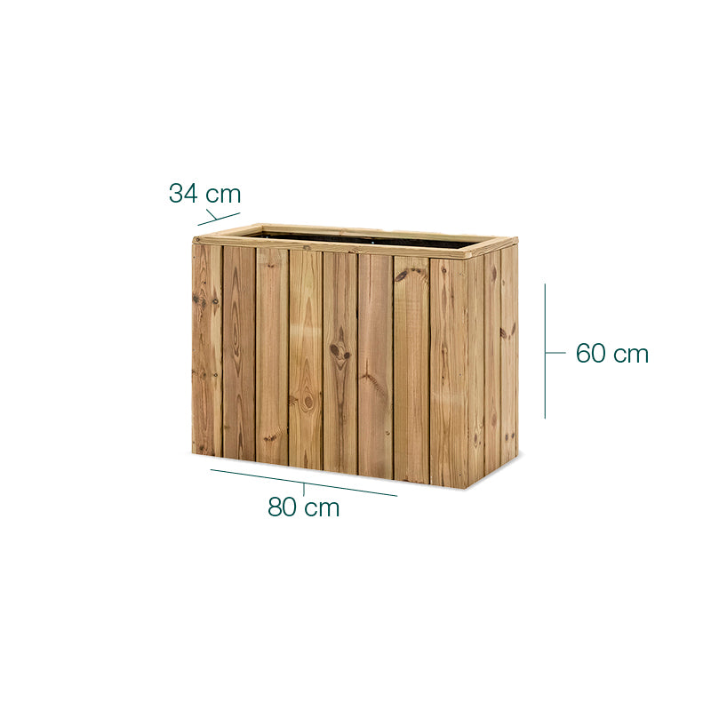 Jardinera de madera Atrium, rectangular, dimensiones 80x34x60 cm, ideal para cultivo de plantas y flores.