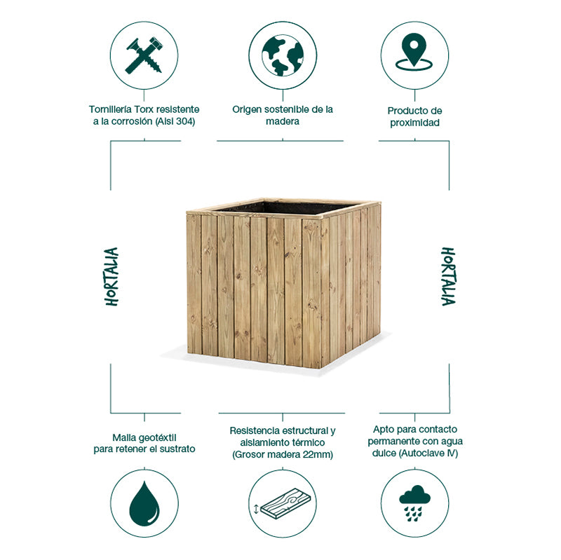 Jardinera cuadrada de madera Atrium, dimensiones 80x80x80 cm, ideal para cultivo en espacios exteriores.