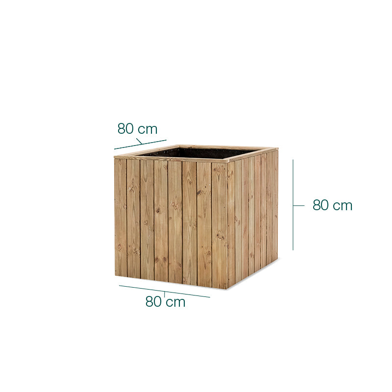 Jardinera de madera cuadrada Atrium de 80x80x80 cm, ideal para cultivo de plantas y flores en espacios exteriores.