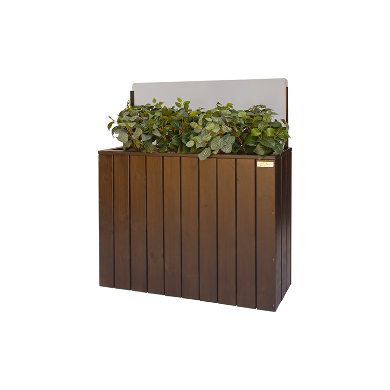Jardinera de madera fija autoportante con paraviento, ideal para separar espacios en terrazas y jardines.