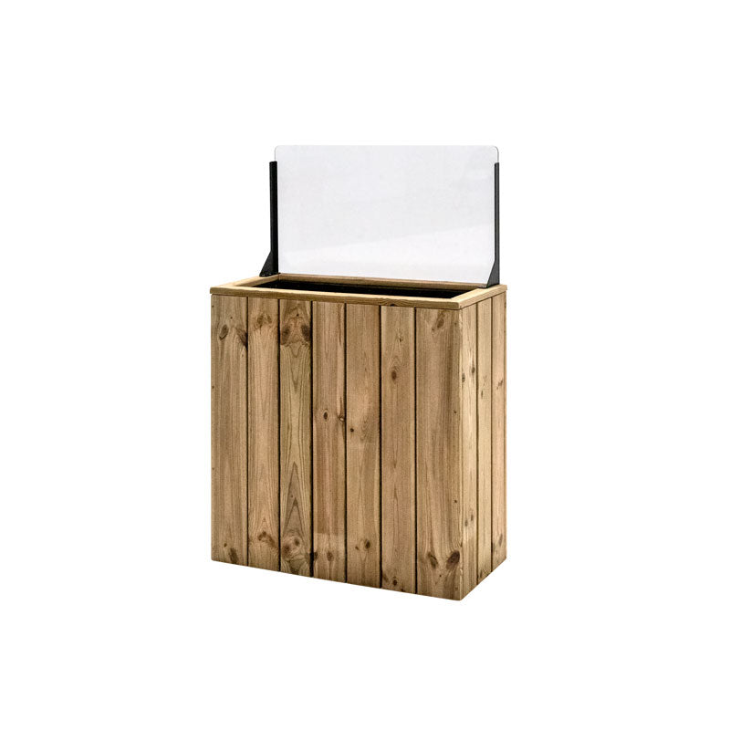 Jardinera de madera fija autoportante con paravientos, ideal para separar espacios en terrazas y jardines.