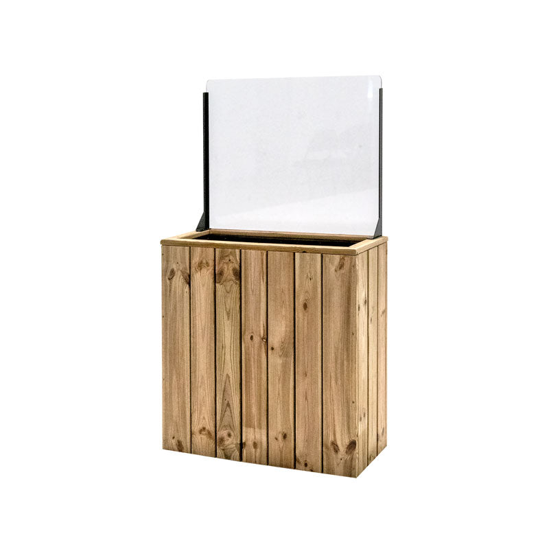 Jardinera de madera fija autoportante con paravientos, ideal para separar espacios en terrazas y jardines.