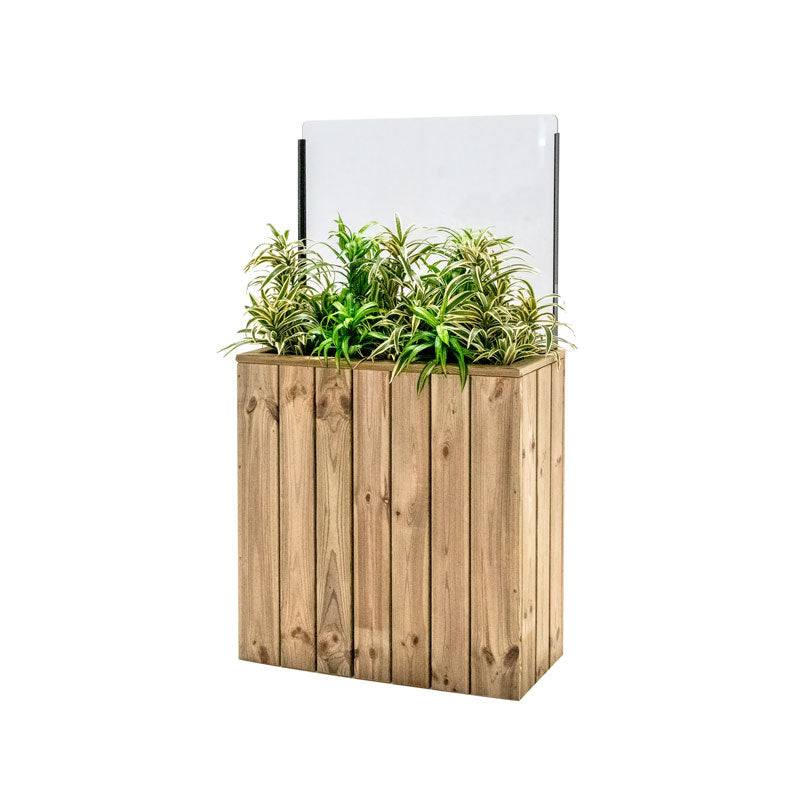 Jardinera de madera fija autoportante con paravientos, ideal para separar espacios en terrazas y jardines.