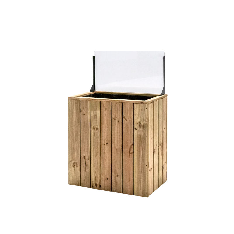 Jardinera de madera fija autoportante con paravientos, ideal para separar espacios en terrazas y jardines.