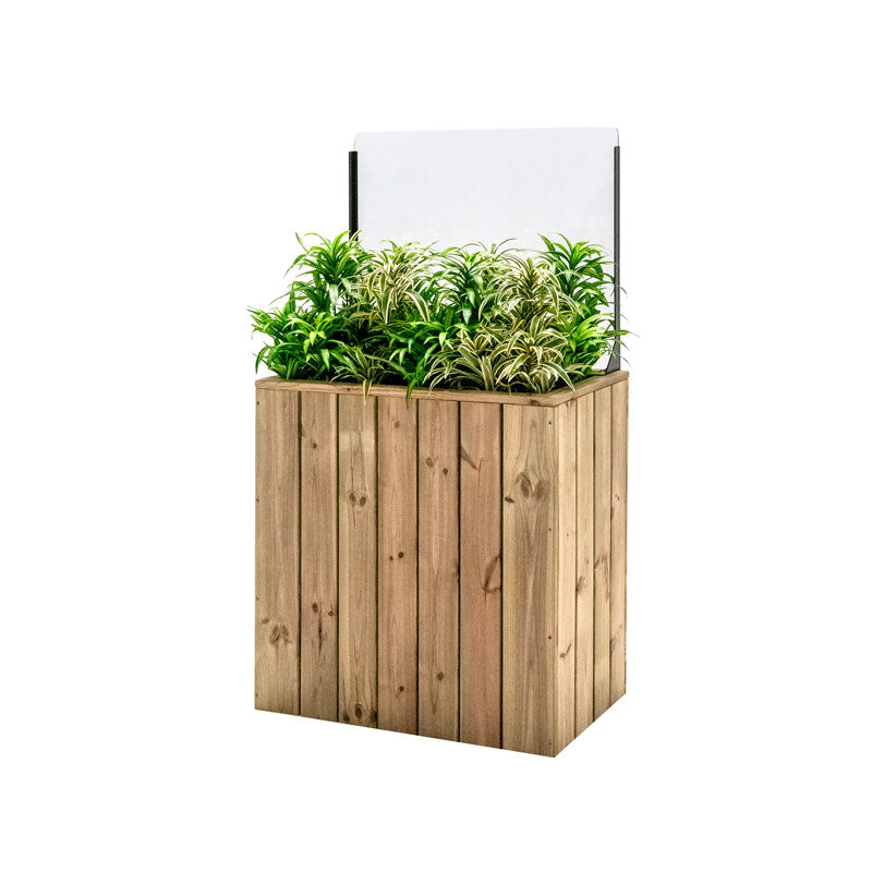 Jardinera de madera fija autoportante con paravientos, ideal para separar espacios en terrazas y jardines.