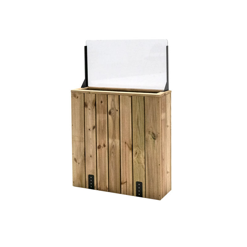 Jardinera de madera fija anclada al suelo con paravientos, ideal para separar espacios en terrazas y jardines.