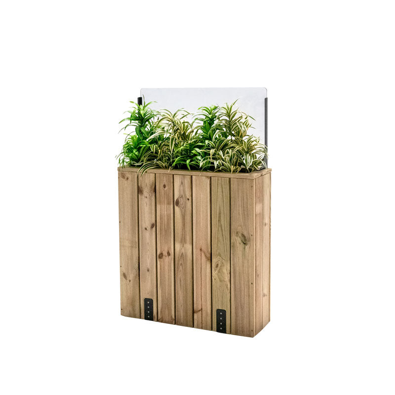 Jardinera de madera fija anclada al suelo con paravientos, ideal para separar espacios en exteriores. Medidas 75x24x120.