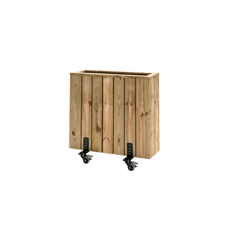 Jardinera de madera con ruedas, ideal para separar espacios en terrazas y jardines. Medidas 75x24x80 cm.