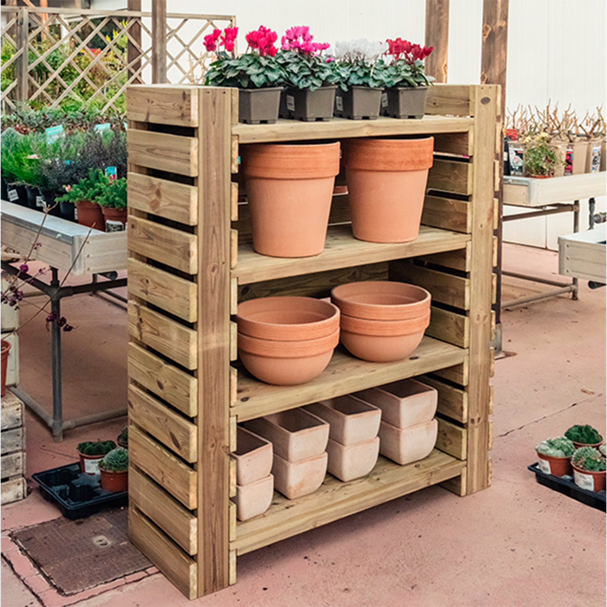 Estantería de madera Augusta, ideal para exhibir y organizar productos en espacios interiores.