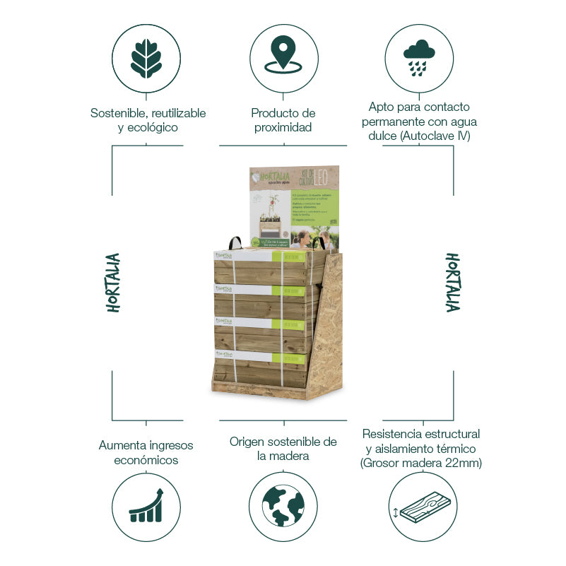 Expositor Kit de cultivo Leo, diseñado para organizar y mostrar productos de jardinería eficientemente.
