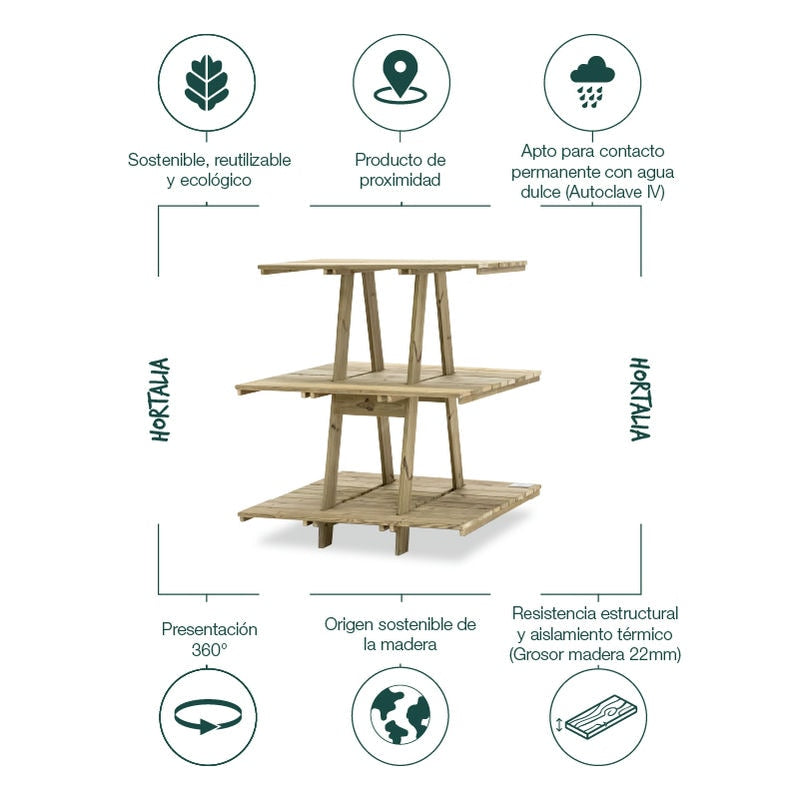 Estantería de madera Grow, diseñada para exhibir y organizar productos de manera eficiente.