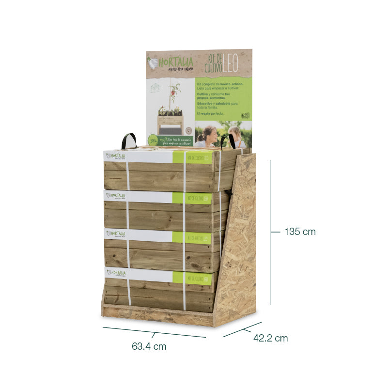 Expositor Kit de cultivo Leo, diseñado para organizar y mostrar productos de jardinería de manera eficiente.