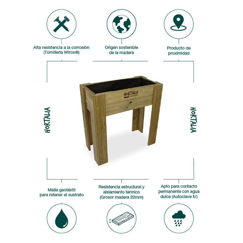 Mesa de cultivo Gardenbrico S80, ideal para jardinería y huertos urbanos, con dimensiones de 80 cm de longitud y 50 L de