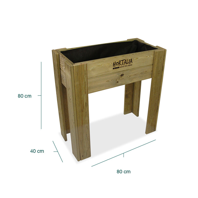 Mesa de cultivo Gardenbrico S80, ideal para huertos urbanos, con capacidad de 50 litros y dimensiones de 80x40 cm.