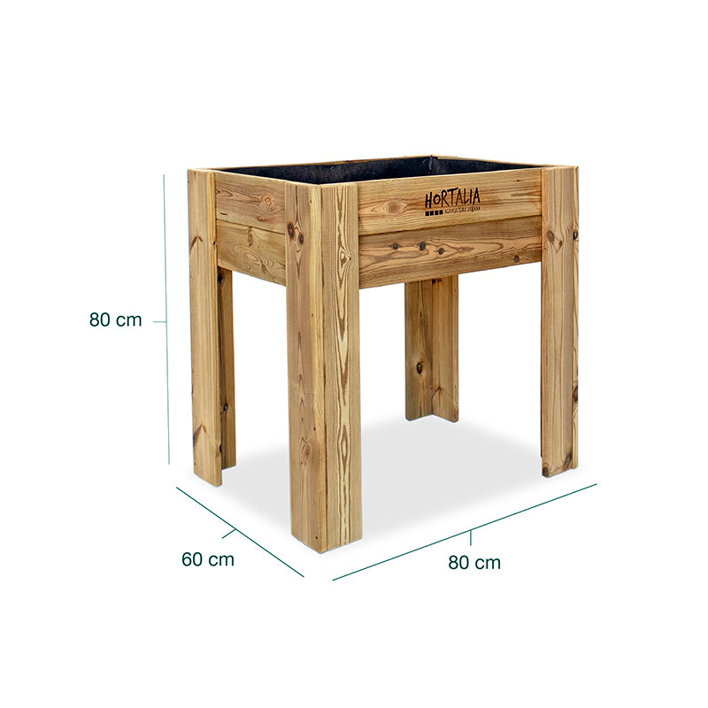 Mesa de cultivo Gardenbrico M80, ideal para huertos urbanos y jardinería, dimensiones 80x60 cm y capacidad de 80 litros.