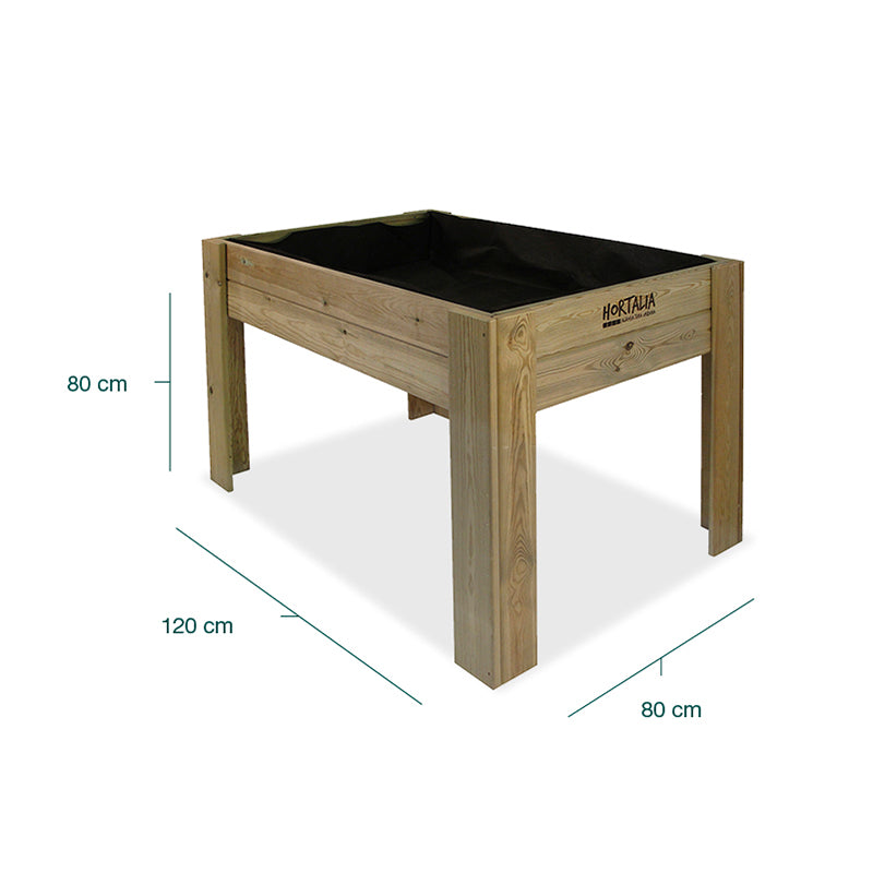 Mesa de cultivo Gardenbrico L80, diseñada para huertos urbanos, con dimensiones de 80 cm de altura y 80 cm de ancho.