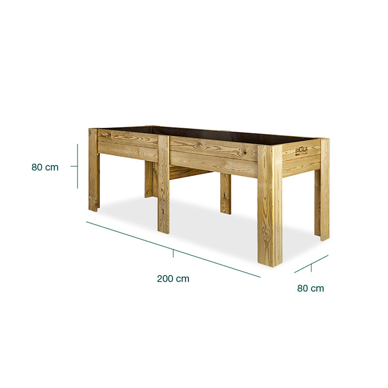 Mesa de cultivo Gardenbrico XXL80, ideal para huertos urbanos, con dimensiones de 200 cm de longitud y 80 cm de altura.