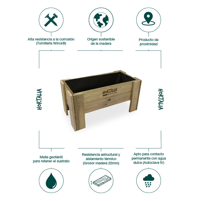 Mesa de cultivo Gardenbrico S40, ideal para huertos urbanos, con dimensiones de 80 cm de longitud y 50 L de capacidad.