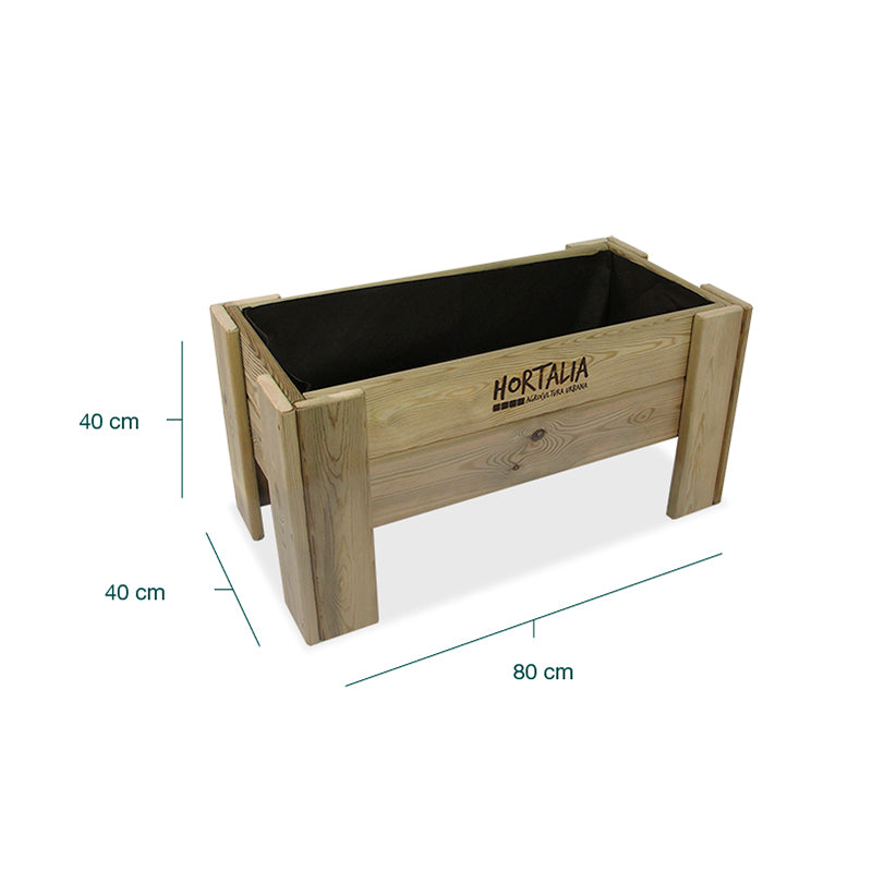 Mesa de cultivo Gardenbrico S40, ideal para huertos urbanos, con dimensiones de 80 cm de longitud y 50 L de capacidad.