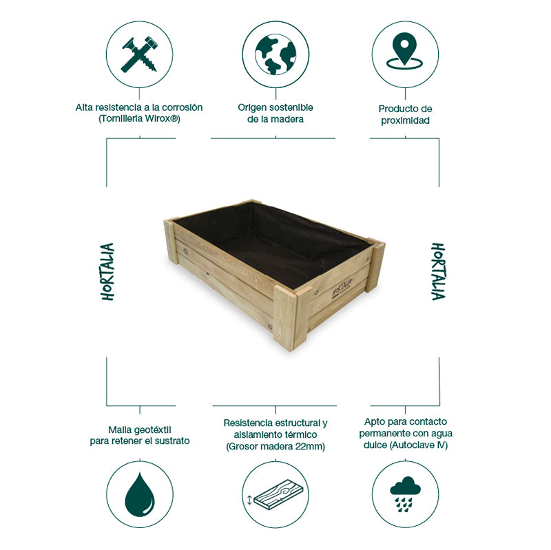 Cajón de cultivo Box L30, dimensiones 120 cm x 80 cm x 30 cm, ideal para huertos urbanos y jardinería.