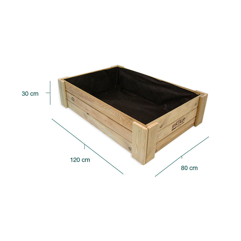 Cajón de cultivo Box L30, ideal para huertos urbanos, con dimensiones de 120 cm de longitud y 30 cm de altura.