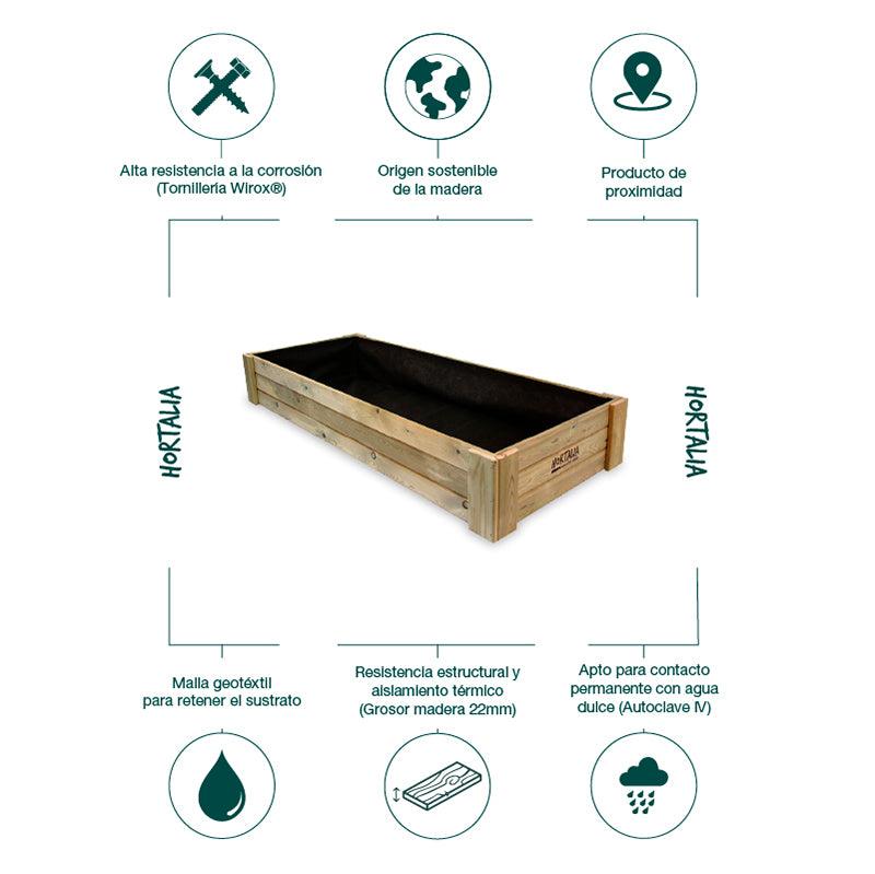 Cajón de cultivo Box XXL30, ideal para huertos urbanos, con capacidad de 390 litros y dimensiones de 200x80x30 cm.